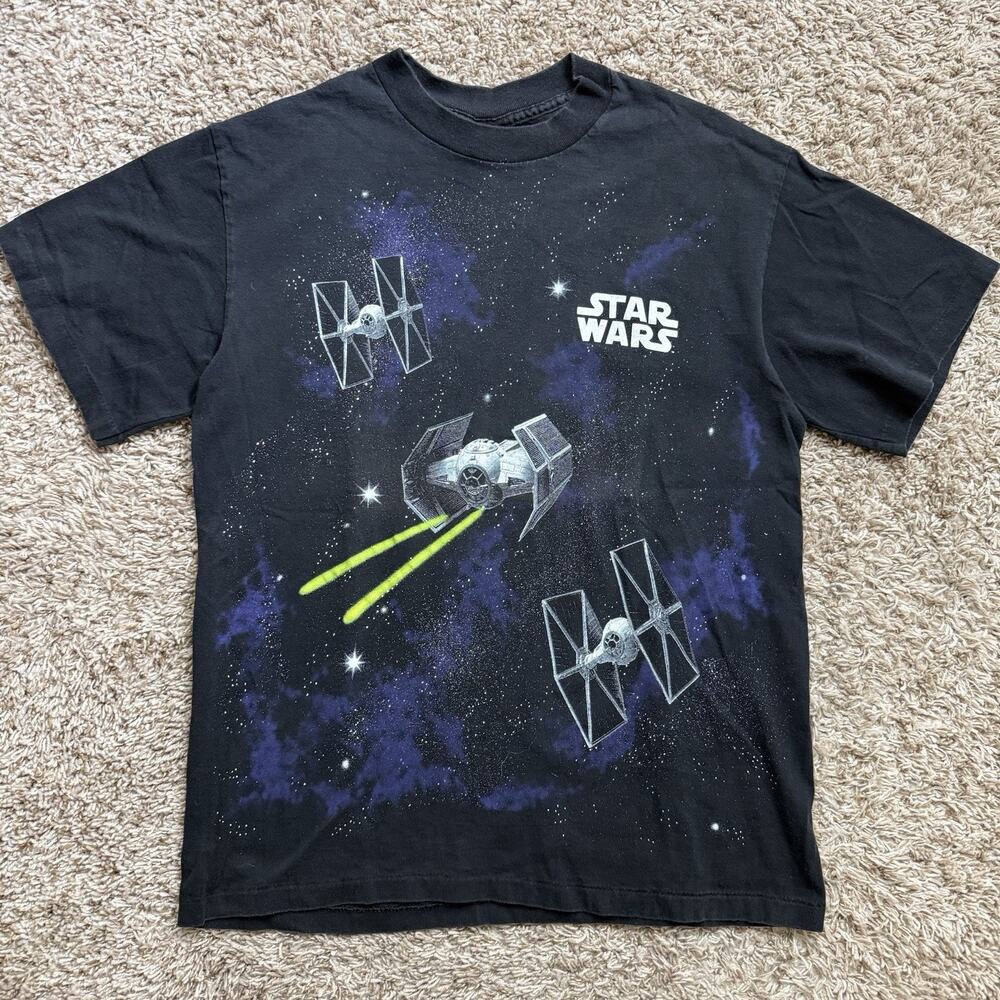 Vintage 90’s Star Wars All Over Print Movie Graphic T-Shirt Men Size L Black AOP